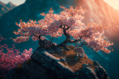 cherry blossom tree on the rock in the mountains at sunsetの素材