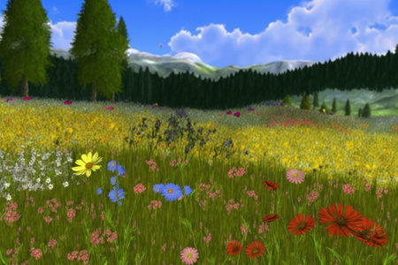 colorful meadow with flowers and mountains in the background - 3d illustrationの素材