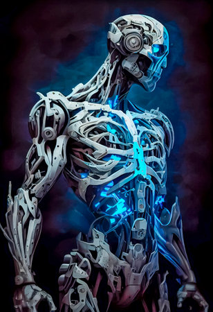 3D rendering of a male cyborg isolated on a black backgroundの素材