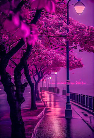 Urban landscape with flowering trees at sunset. Ia Generativeの素材