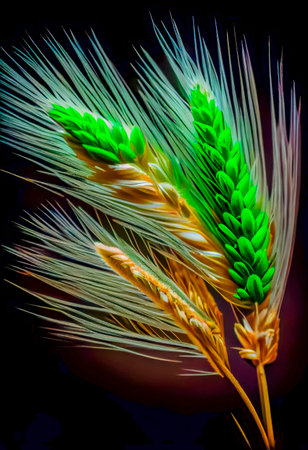 Green Wheat Ears Isolated on Black Background. the generativeの素材