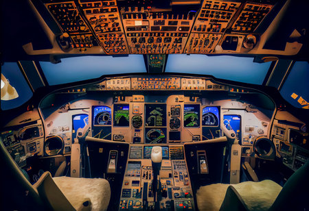 Cockpit of an airplane at night. View from inside.の素材