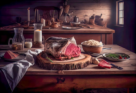 Still life with meat and vegetables on a wooden table in the kitchenの素材