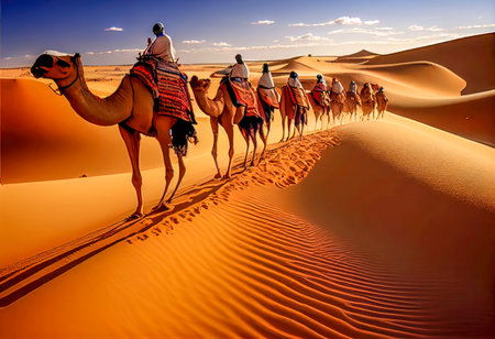 Camel caravan in the Sahara desert, Morocco, Africa, Merzougaの素材