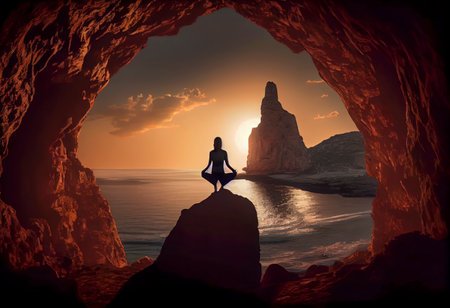 Silhouette of a woman meditating in a cave at sunsetの素材