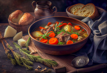 Traditional Russian soup with meat, potatoes and vegetables. Rustic style.の素材