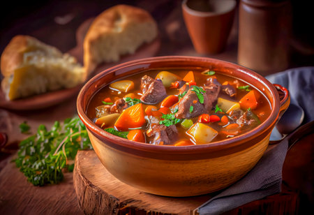 Beef stew with vegetables and herbs in a clay bowl. Select focus.の素材