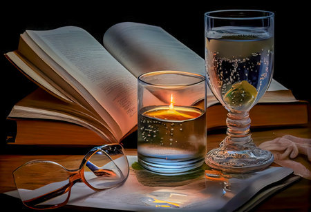 Still life with candles, books and glasses on a black background.の素材