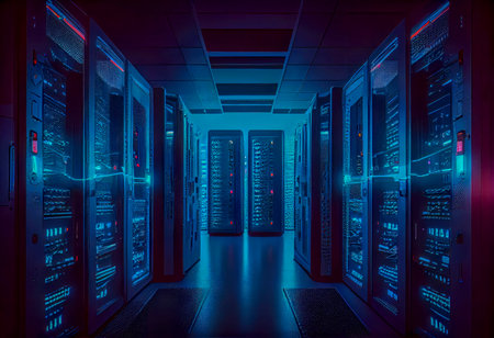 server room data center with rows of server hardware. 3d renderingの素材