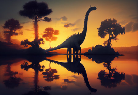 Silhouette of dinosaurs in the water at sunset. 3d renderingの素材