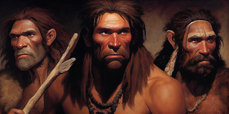 Three cavemen with an ax and a spear in their hands.の素材