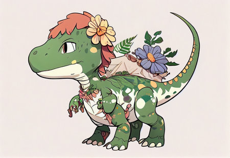 Cute cartoon stegosaurus with flowers in his hair. illustrationの素材