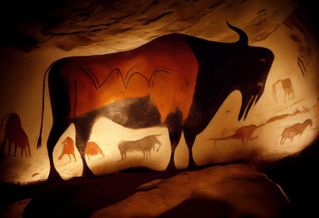 Cave with a picture of a bull and a cow in the caveの素材