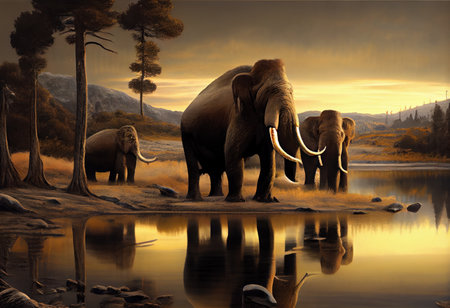 Elephants at sunset with reflection in a lake, 3d renderの素材