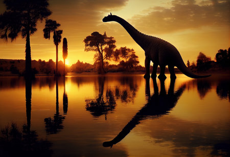 Silhouette of dinosaurs at sunset in Africa. 3d renderingの素材