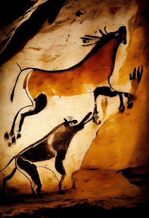 Horse painting on the wall in the cave, Ubonratchathani, Thailandの素材