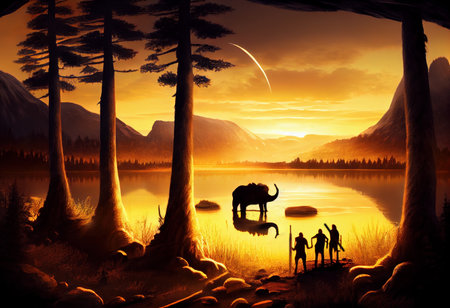 Fantasy landscape with elephants in the lake at sunset, 3d renderの素材