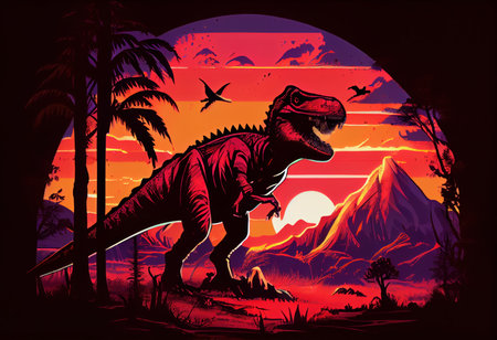 Dinosaur T-rex in the desert at sunset. Vector illustration.の素材