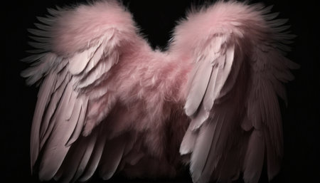 Pink angel wings on black background, closeup of wings in the shape of heartの素材