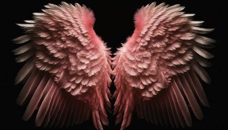 Angel wings isolated on black background. Close up of red angel wingsの素材