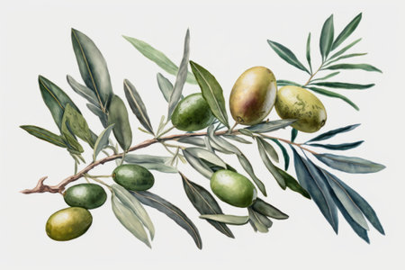 Olive branch with green olives. Hand drawn watercolor illustrationの素材