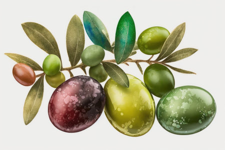 Colorful olive branch with green and red olives isolated on white backgroundの素材