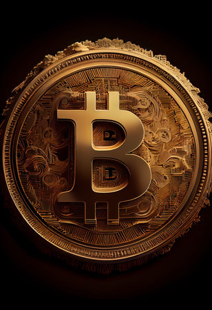 Golden bitcoin on a dark background. 3D rendering. Virtual currency.の素材