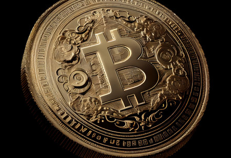 Bitcoin. Cryptocurrency. Golden bitcoin on a black background.の素材