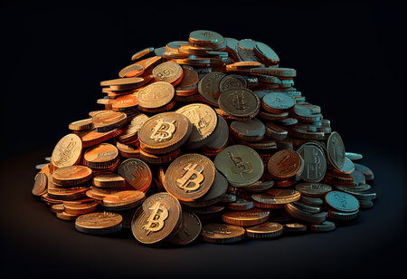 3D illustration of a pile of gold bitcoin coins on a dark backgroundの素材
