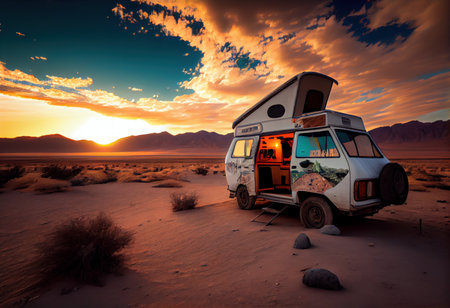 Camper van in the Namib desert at sunset, Namibiaの素材