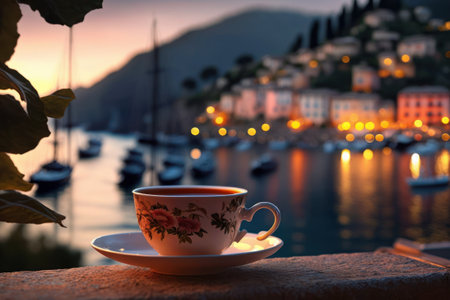 Cup of coffee on the background of the old town of Portofino, Italyの素材