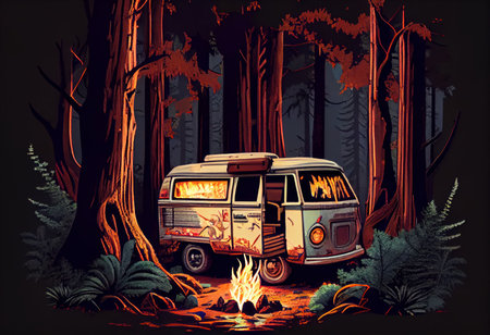 Vector illustration of a camper van in the forest with a bonfireの素材