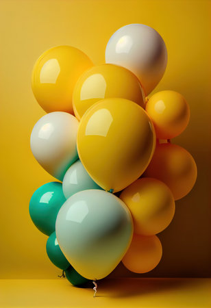 Bunch of colorful balloons on yellow background. 3D rendering.の素材