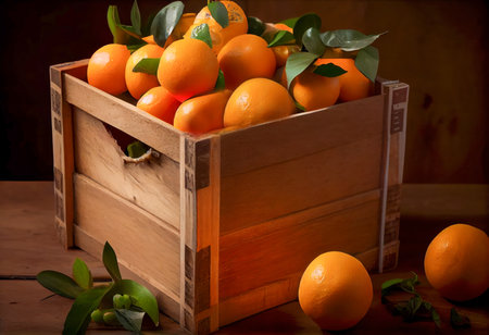 Ripe tangerines in a wooden box on a wooden tableの素材