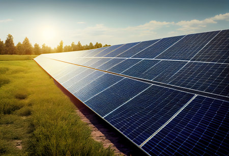 Photovoltaic solar panel station, over blue sky. Generative AIの素材
