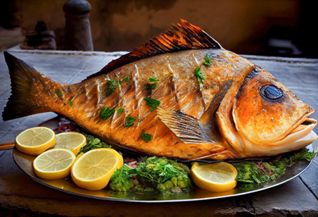 Grilled Fish with Lemon. Generative AIの素材