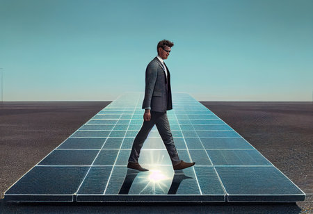 Renewable energy engineer walking through a large solar power plant. Generative AIの素材