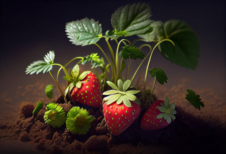 Red strawberry plants on the branches in an ecological greenhouse. Generative AIの素材