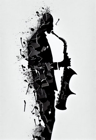 Silhouette of a musician playing the saxophone. Generative AIの素材