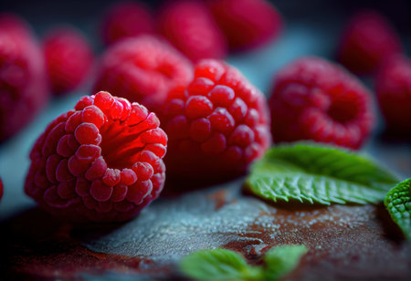 Grouped raspberry fruits on dark background. Generative AIの素材