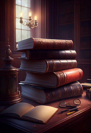 Stack of books isolated on dark background. creative AIの素材