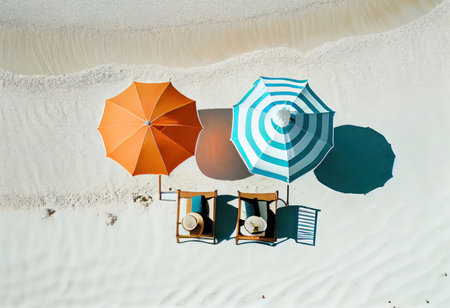 Landscape of the beach with umbrellas and sunbeds for sunbathing. Generative AIの素材