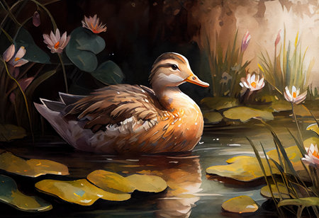 Wild variegated waterfowl duck on swamp water close-up. Generative AIの素材