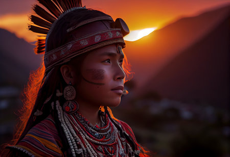 Indigenous woman at sunset in the Amazon. Generative AIの素材