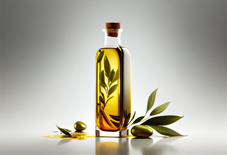 Oil bottle with twig and olives on white background. Generative AIの素材