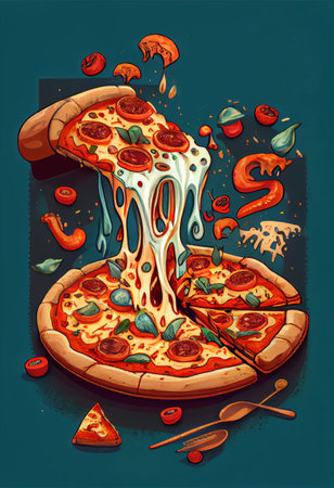 Tasty pizza from pepperoni and tomatoes with basil on a green background. Generative AIの素材