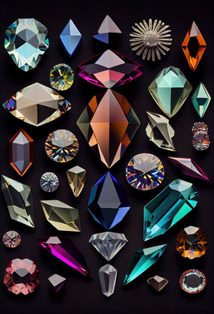 Multicolored precious stones and minerals on display. Generative AIの素材
