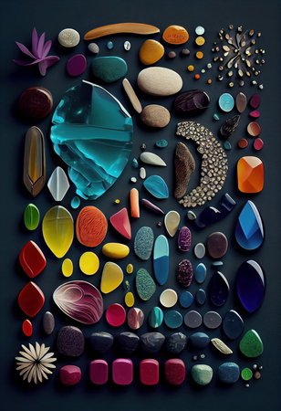 Multicolored precious stones and minerals on display. Generative AIの素材