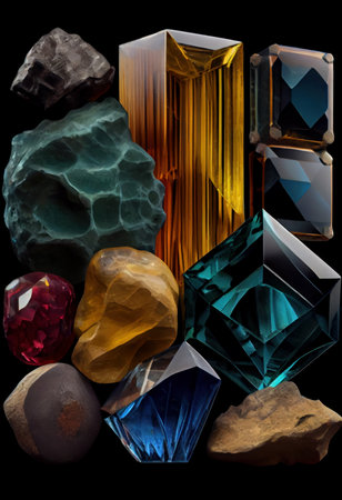 Multicolored precious stones and minerals on display. Generative AIの素材