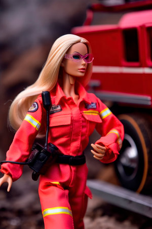 Barbie doll, firefighter putting out a fireの素材